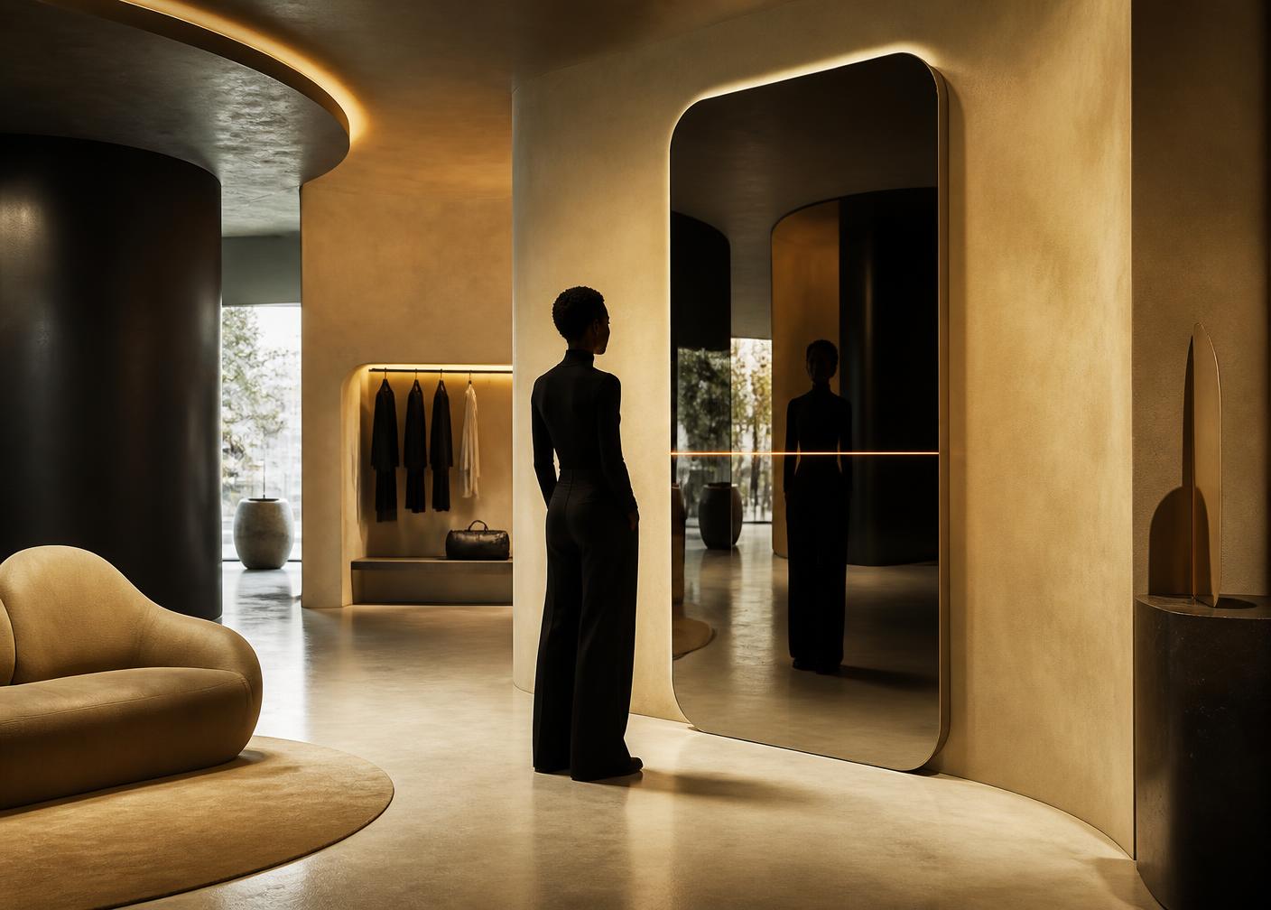 Digital fitting installation with a warm amber scan line in a South African flagship store